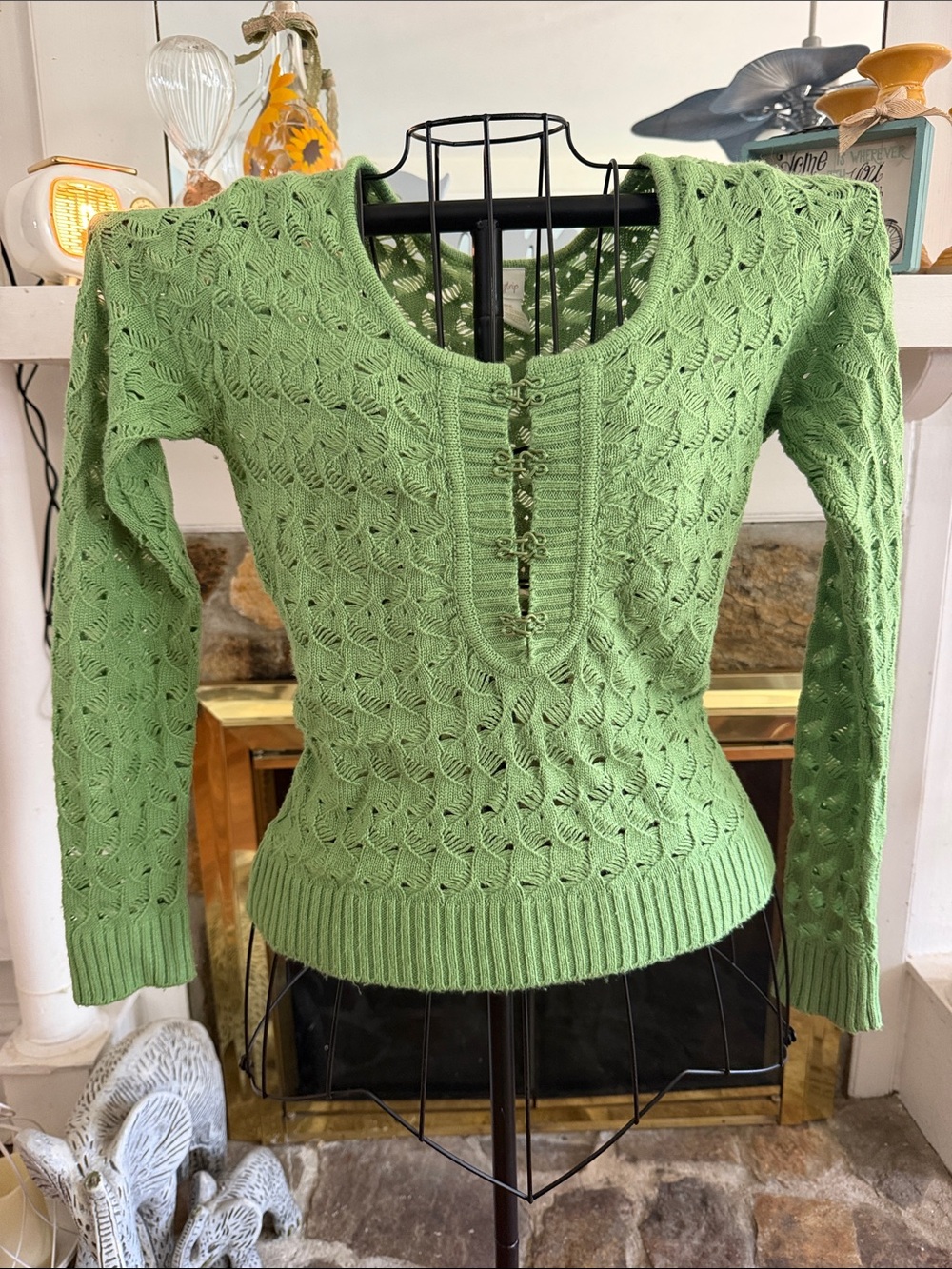 Daytrip Green Open-Knit Sweater with Front Toggle Detail